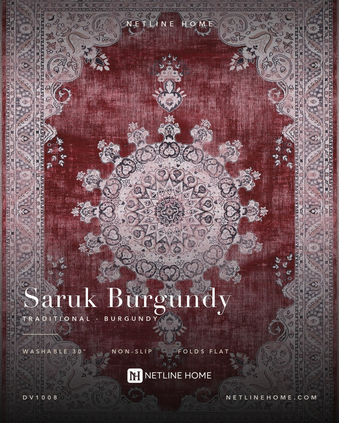 Crown Floral Burgundy Traditional Washable Rug — Design overview (RWDV1008)