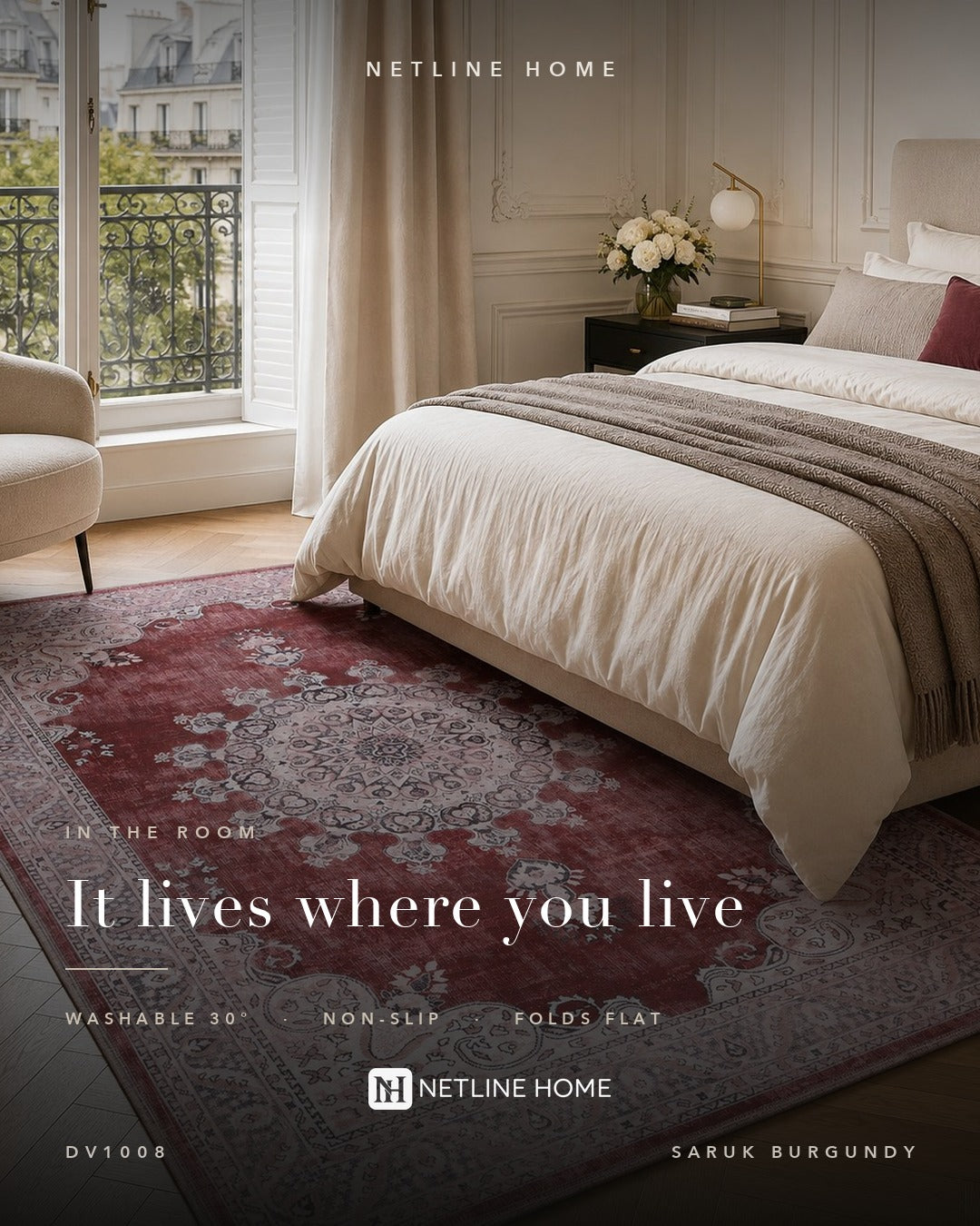 Crown Floral Burgundy Traditional Washable Rug — Bedroom lifestyle (RWDV1008)