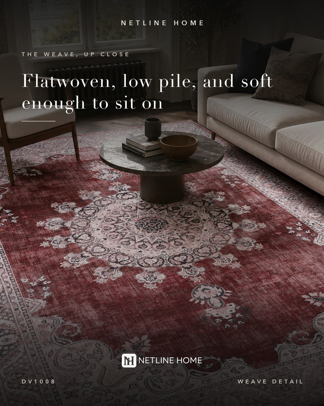 Crown Floral Burgundy Traditional Washable Rug — Weave detail (RWDV1008)