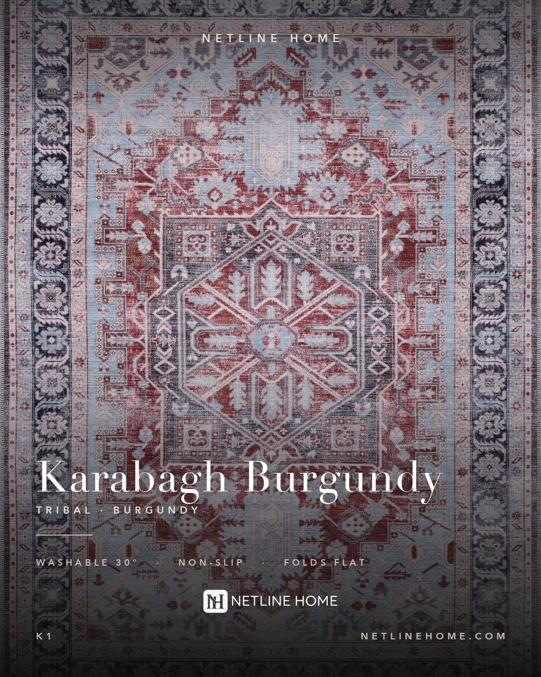 Weathered Medallion Burgundy Heritage Washable Rug — Design overview (RWK1)