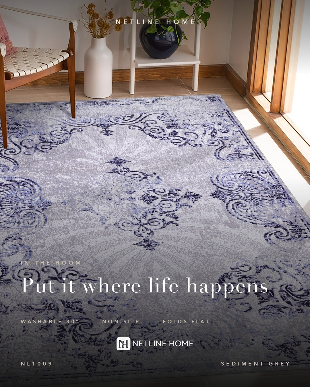 Symmetric Stripes Grey Abstract Washable Rug — Bedroom lifestyle (RWNL1009)