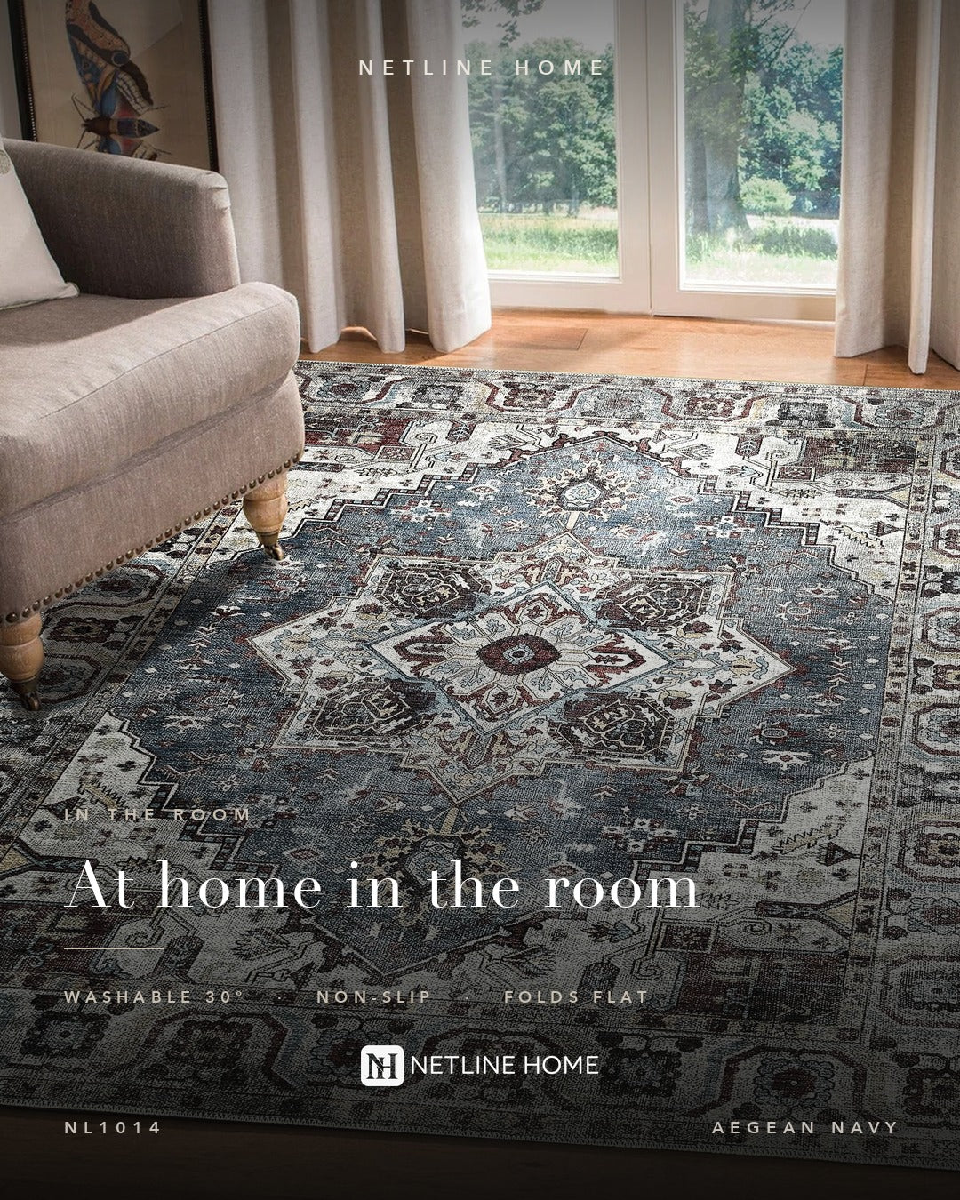 Homestead Waves Navy Blue Heritage Washable Rug — Bedroom lifestyle (RWNL1014)