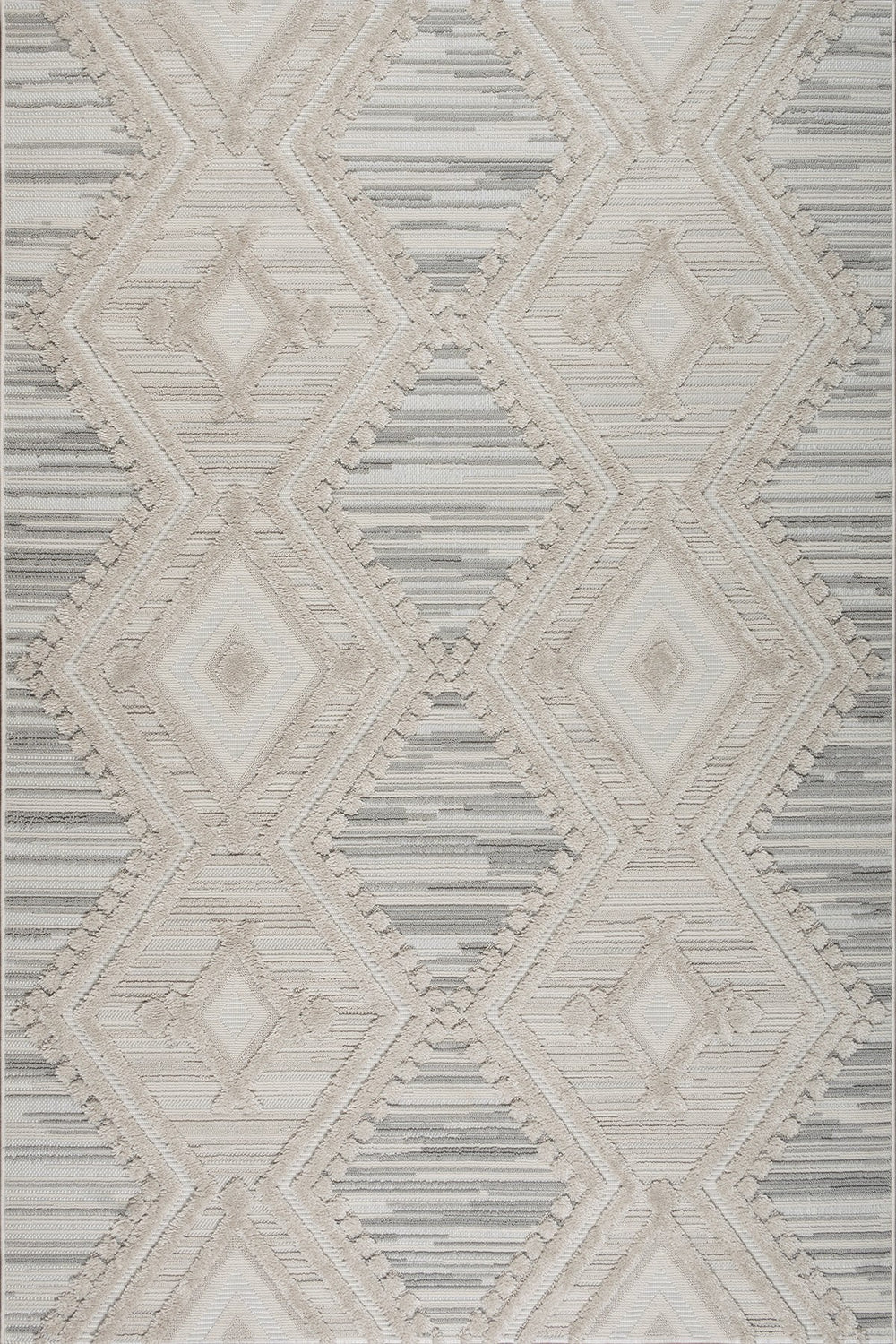 Cream and light grey soft textured diamond rug from Netline Home, machine-made polyester high-low pile carpet for modern decor.