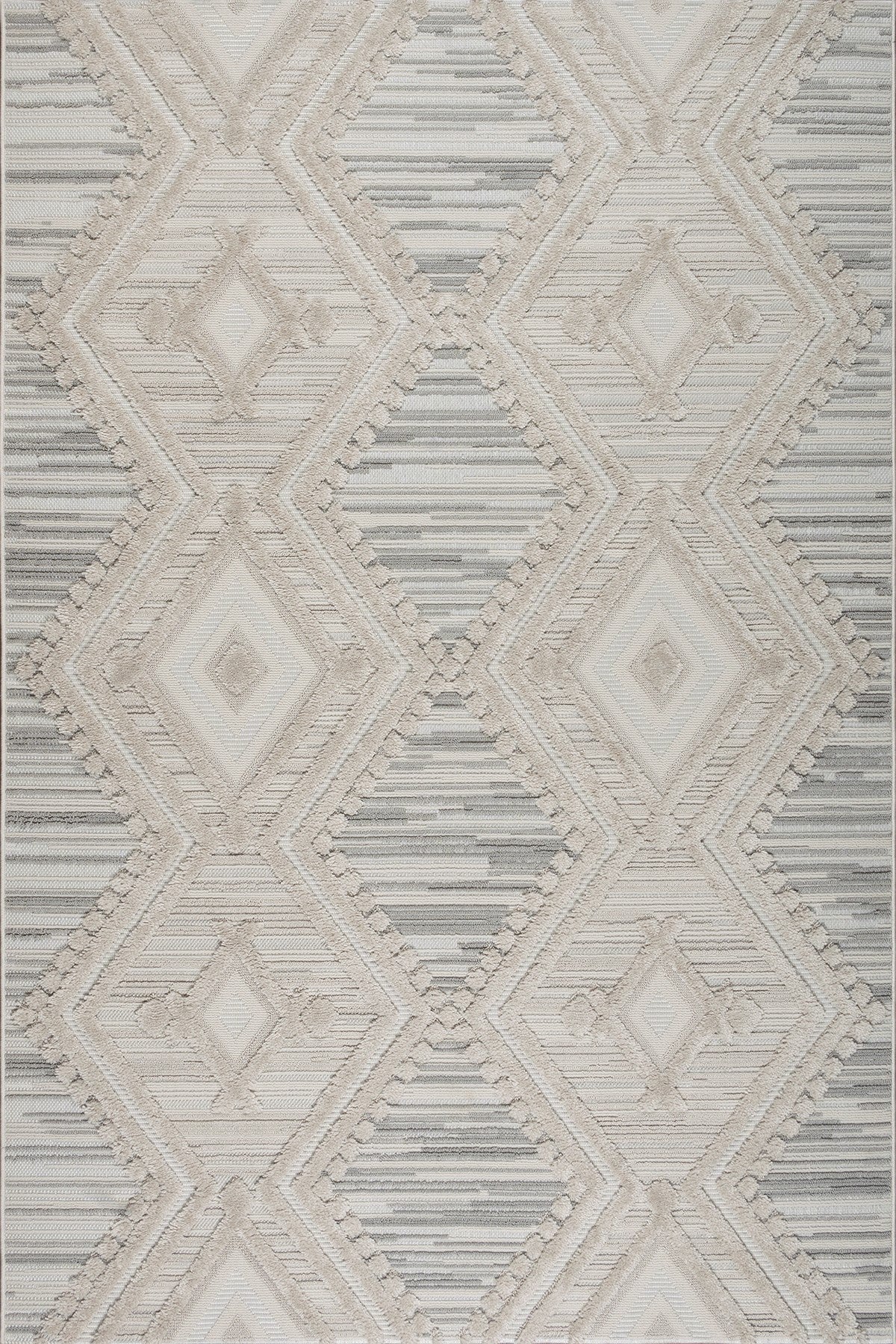 Cream and light grey soft textured diamond rug from Netline Home, machine-made polyester high-low pile carpet for modern decor.