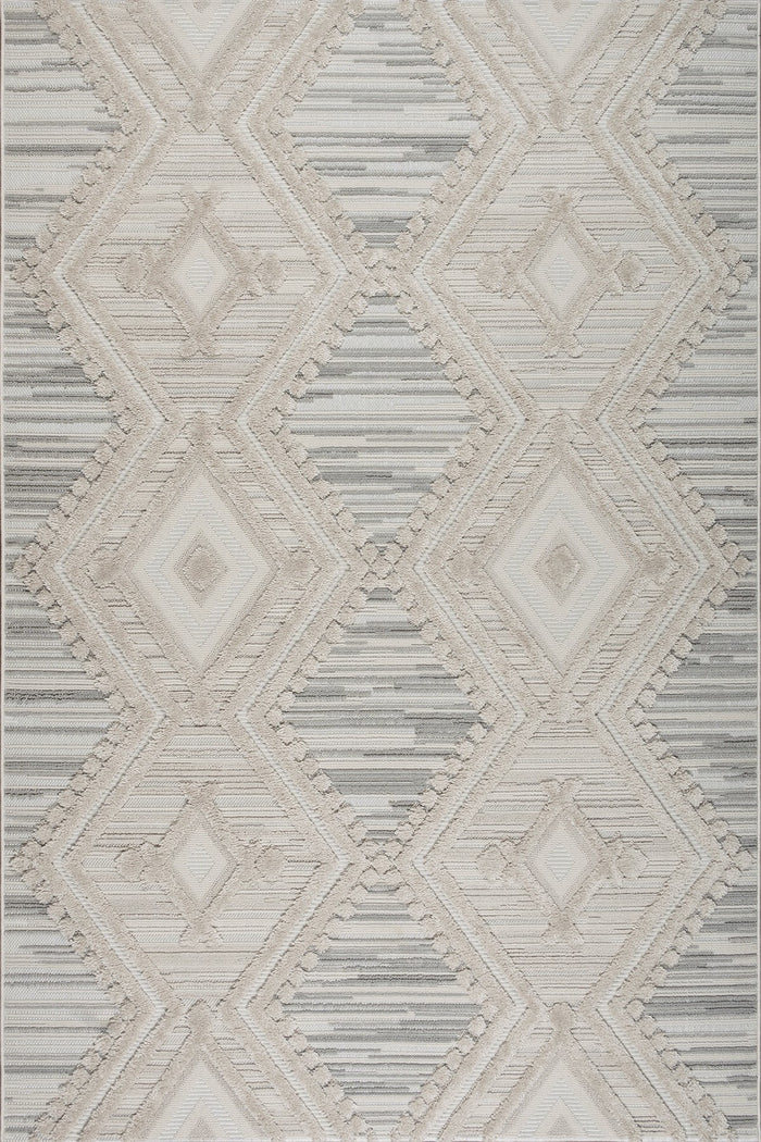 Soft Textured Diamond Rug – Machine Made Polyester High-Low Pile Carpet (Cream & Light Grey) shown in an illustrative room